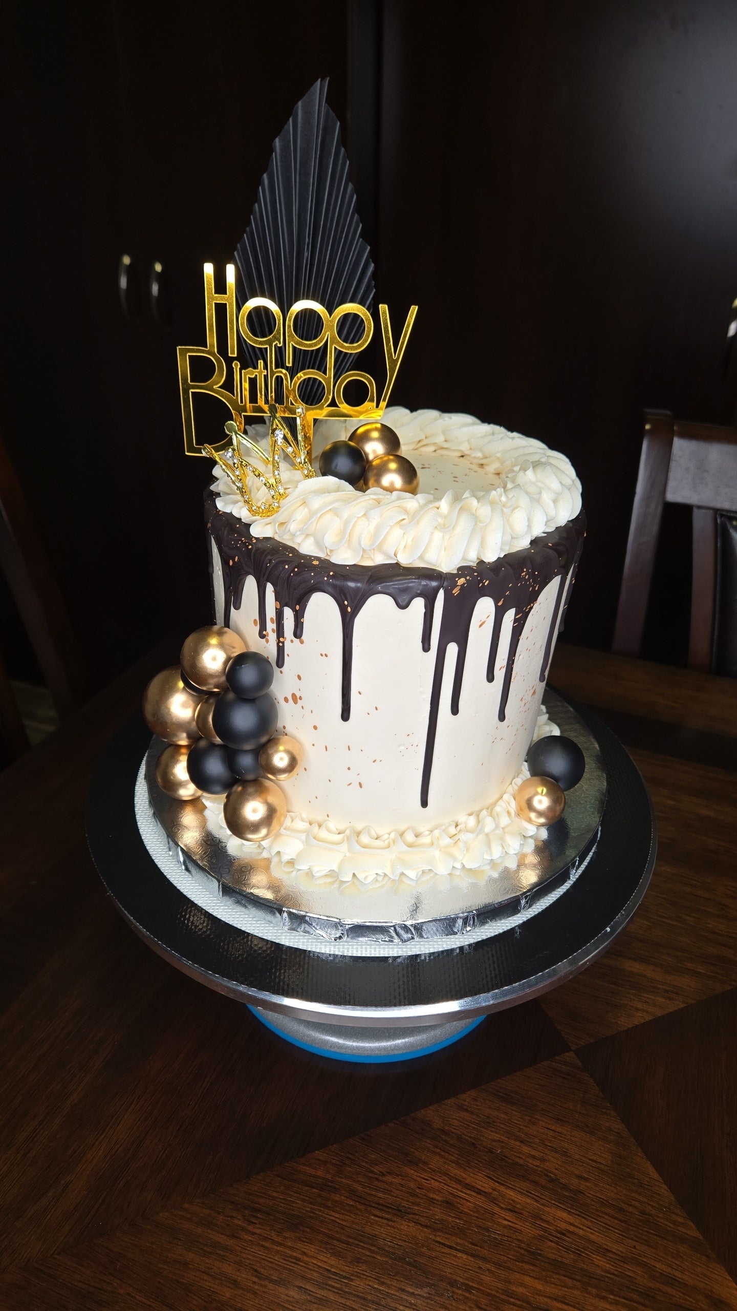 6in Round Black and Gold Drip Barrel Cake