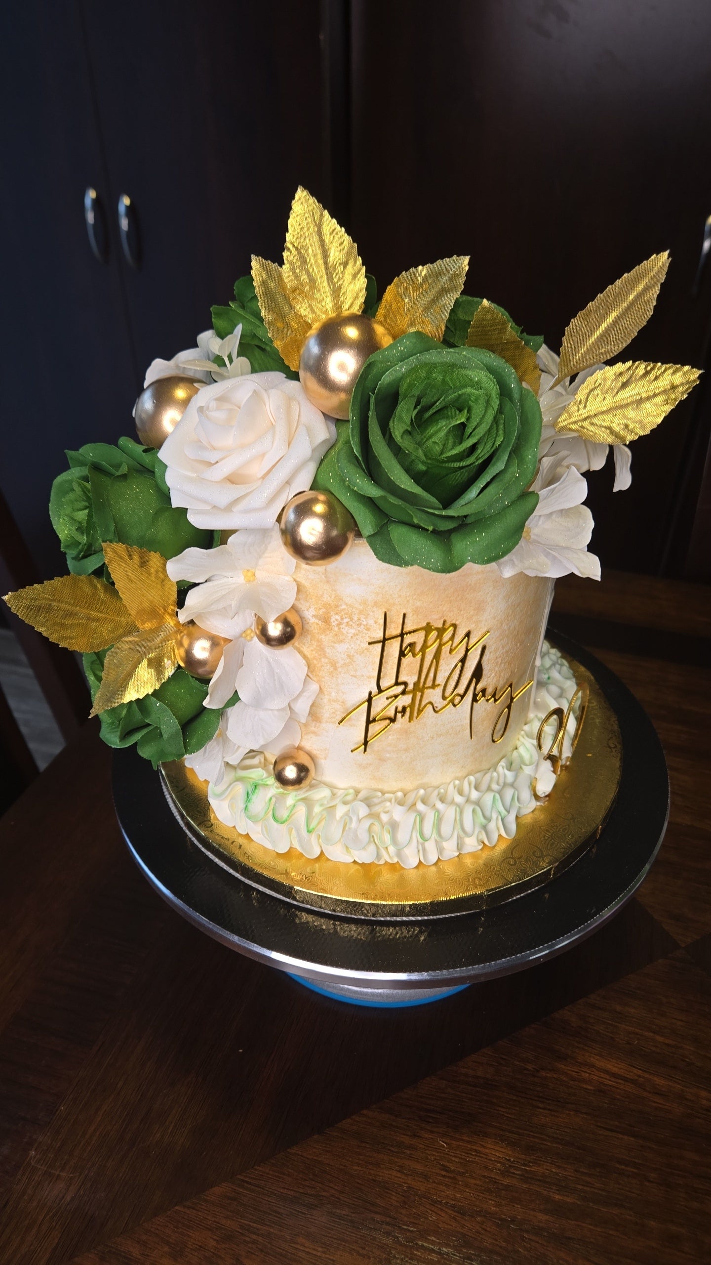 6in Round Green and Gold Floral and Buuterfly Barrel Cake