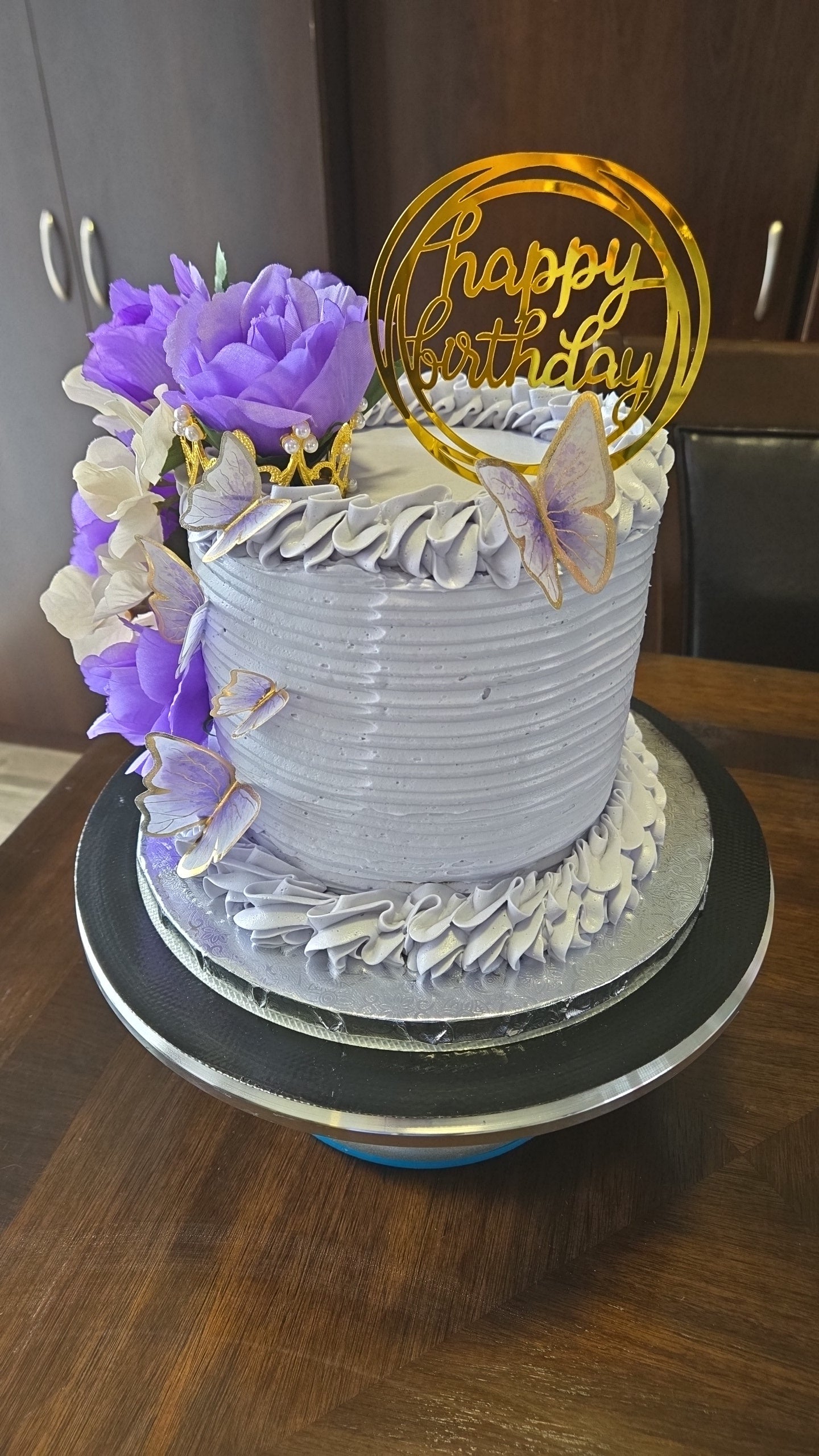 6in Round Purple and Gold Floral and Butterfly Barrel Cake